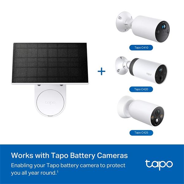 "Tapo Solar Panel SPEC: 5.2V 2.5W FEATURE: Type-C Charging Port, Non-Stop Power, Flexible Solar Installation, Works wit