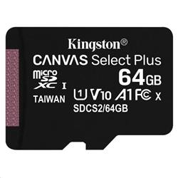 64 GB . microSDXC karta Kingston Canvas Select Plus Class 10 (r/w 100MB/s) bez adaptéra