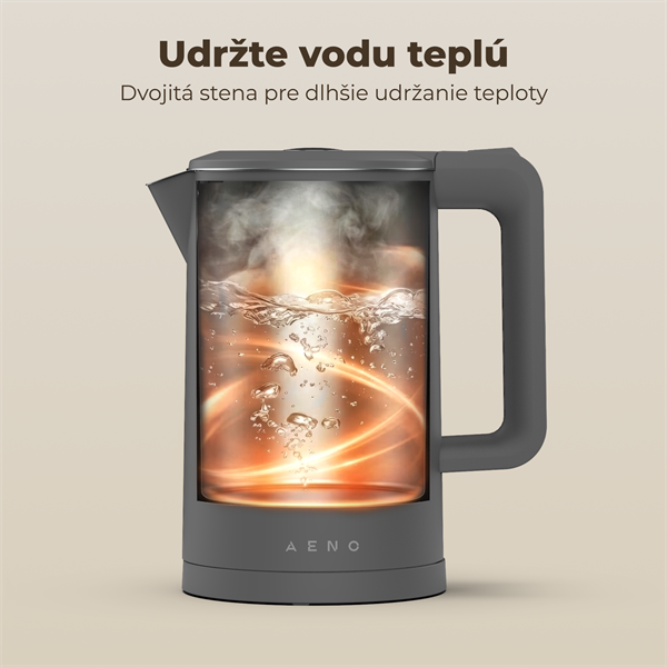 AENO Rychlovarná kanvica EK13G - 1,7l, dvojstenná stena, automatické vypnutie, nerezové vnútro, sivá
