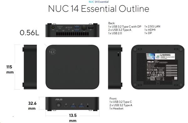 ASUS NUC 14 Essential Intel N97, 1xDDR5, M.2 SSD, WiFi+BT, HDMI, DP, USB-C/DP, 2.5G LAN