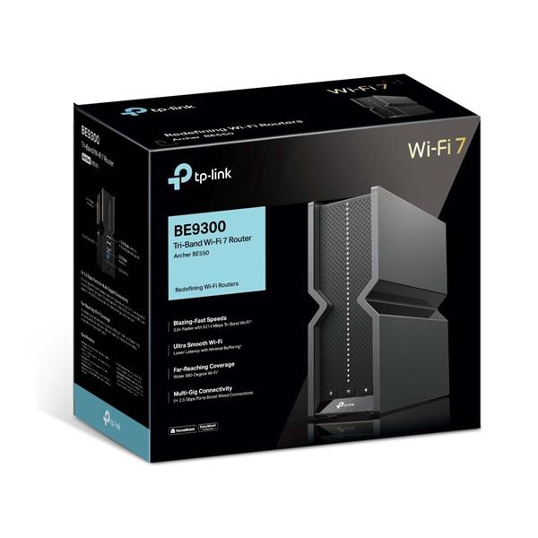 BE9300 Tri-Band Wi-Fi 7 Router SPEED: 574 Mbps at 2.4 GHz + 2880 Mbps at 5 GHz + 5760 Mbps at 6 GHz SPEC: 6× Internal An