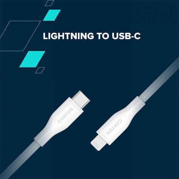 Canyon CLNM60SC10, 1 m kábel, USB-C / Lightning, MFi Apple schválený, 60 W, 480 Mbps, silikónový, modrý