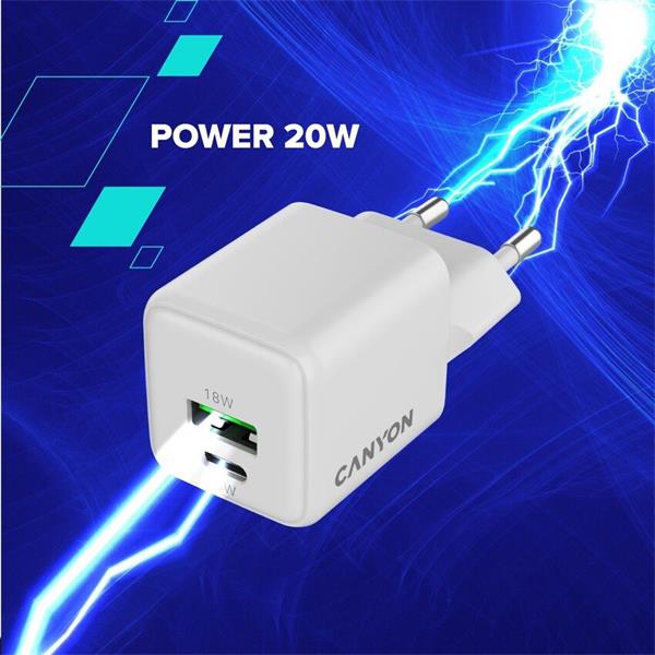 Canyon CU20AC vysokorýchlostná kompaktná univerzálna nabíjačka do steny 1x USB-C 20W, 1x USB-A 18W