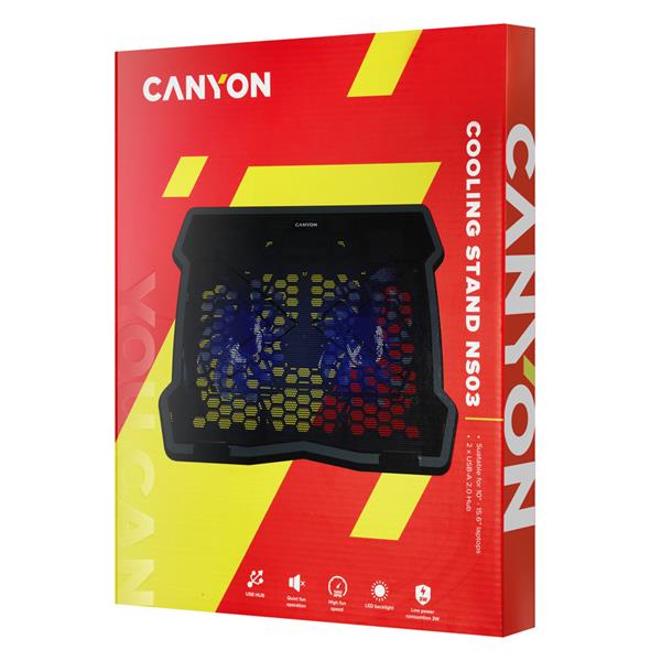 Canyon NS-03, chladiaci podstavec s 2 ventilátormi pre notebook 10´´ - 15.6", LED podsvietenie, čierny
