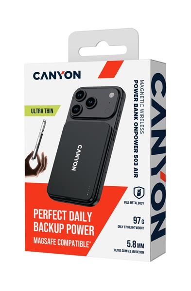 Canyon OnCharge 503, Powerbank, 3 000 mAh, in: USB-C 10W, out: USB-C 10W + Wireless 7.5W, ultratenká, hliníková, šedá
