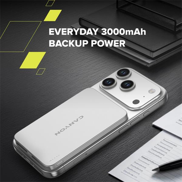 Canyon OnCharge 503, Powerbank, 3 000 mAh, in: USB-C 10W, out: USB-C 10W + Wireless 7.5W, ultratenká, hliníková, šedá