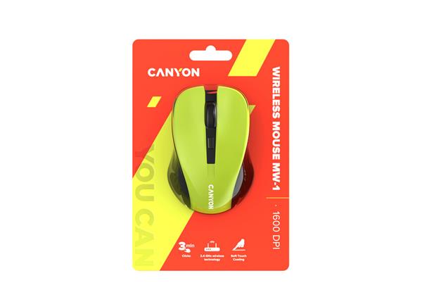 Canyon OnClick W01, Wireless optická myš USB, 800/1000/1200 dpi, žltá