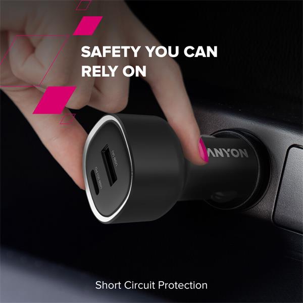 Canyon OnDrive 48, univerzálna autonabíjačka, 1x USB-C, 1x USB-A, rýchle nabíjanie, výkon 48 W