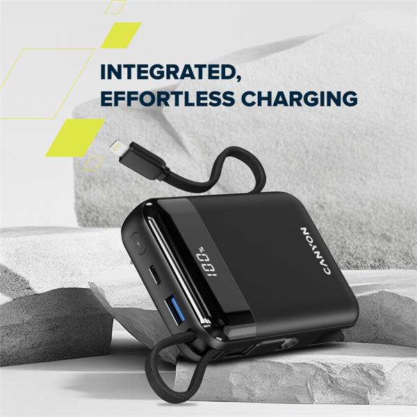 Canyon OnPower 104, powerbanka 10 000 mAh, 22.5 W, USB-C / USB-A, integrované káble USB-C + Lightning, čierna