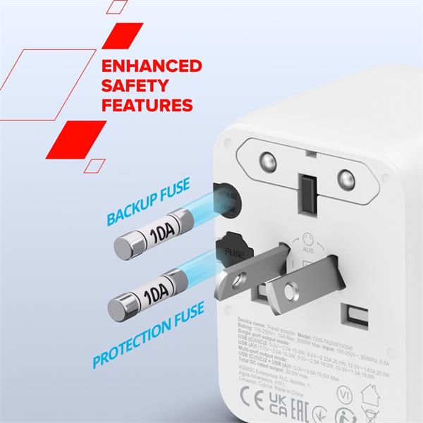 Canyon OnTour 20, univerzálny cestovný adaptér pre 200 krajín, 20W, 2x USB-C / 1x USB-A