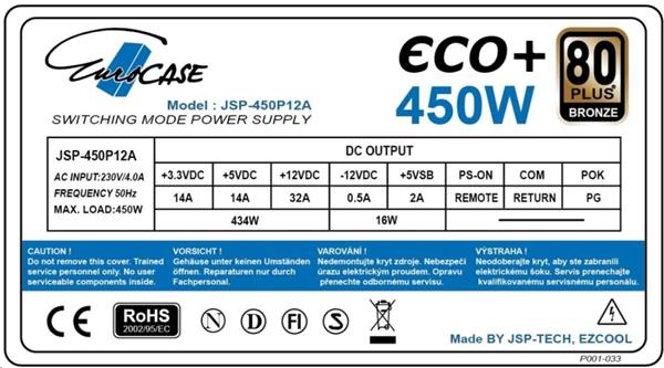 Eurocase Eco+ 450W, 80PLUS BRONZE, 12cm ventilátor, bulk