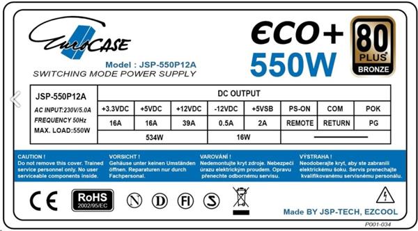 Eurocase Eco+ 550W, 80PLUS BRONZE, 12cm ventilátor, bulk