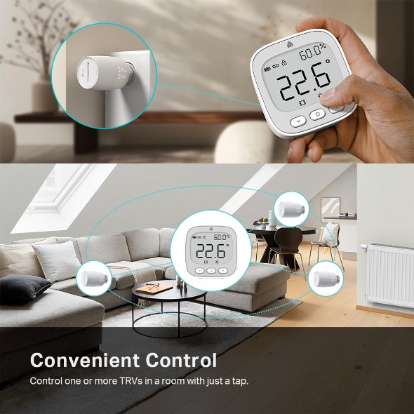 Kasa Smart Room Thermostat SPEC: 1 x Thermostat, 868 MHz, battery powered(2*AAA), 2.4 inch E-ink display, 5-30? temperat