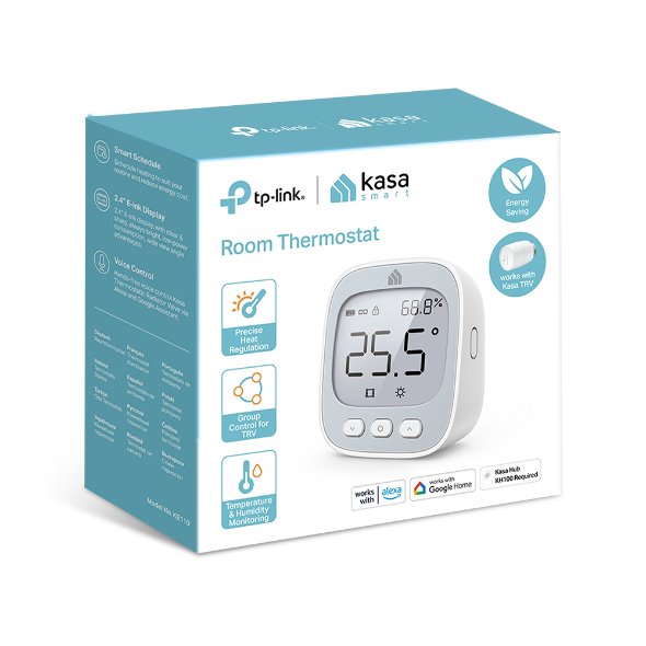 Kasa Smart Room Thermostat SPEC: 1 x Thermostat, 868 MHz, battery powered(2*AAA), 2.4 inch E-ink display, 5-30? temperat