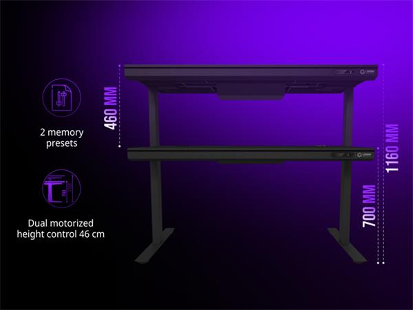 Lorgar DP80W prémiový herný stôl s elektrickým zdvihom, dreveným povrchom a RGB ambientným osvetlením
