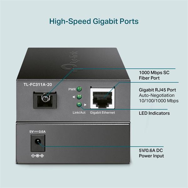 TP-LINK "10/100/1000 Mbps RJ45 to 1000 Mbps Single-mode SC WDM Bi-Directional Fiber ConverterPORT: 1× Gigabit SC Port,