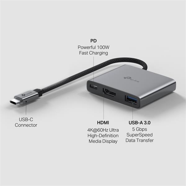 USB Type-C 3-Port Hub SPEC: 1 × USB-C Connector,1 × HDMI 4K 60Hz Port,1 × USB-C PD 100W Port,1 × USB-A 3.0 Ports FEATUR