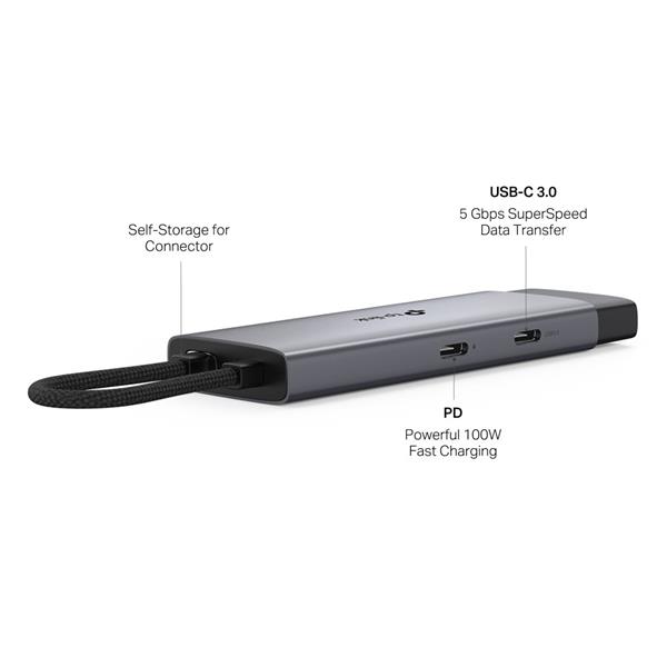 USB Type-C 5-Port Hub SPEC: 1 × USB-C Connector,1 × HDMI 4K 60Hz Port,1 × USB-C PD 100W Port,2 × USB-A 3.0 Ports,1 × USB